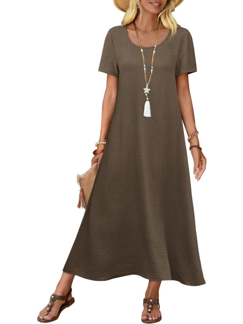 Women Dress Midi Coffee Polyester Crew Neck Short Sleeve Lightweight  Summer